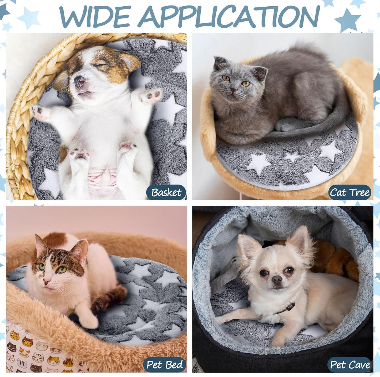VitalCozy 2 Pack Self Heating Cat Pad Self Heating Cat Bed Machine Washable Heat Pet Mat Reversible Body Thermal Warm Round Dog Bed Crate Blanket for Feral and Indoor Cats(16'',Large Star)