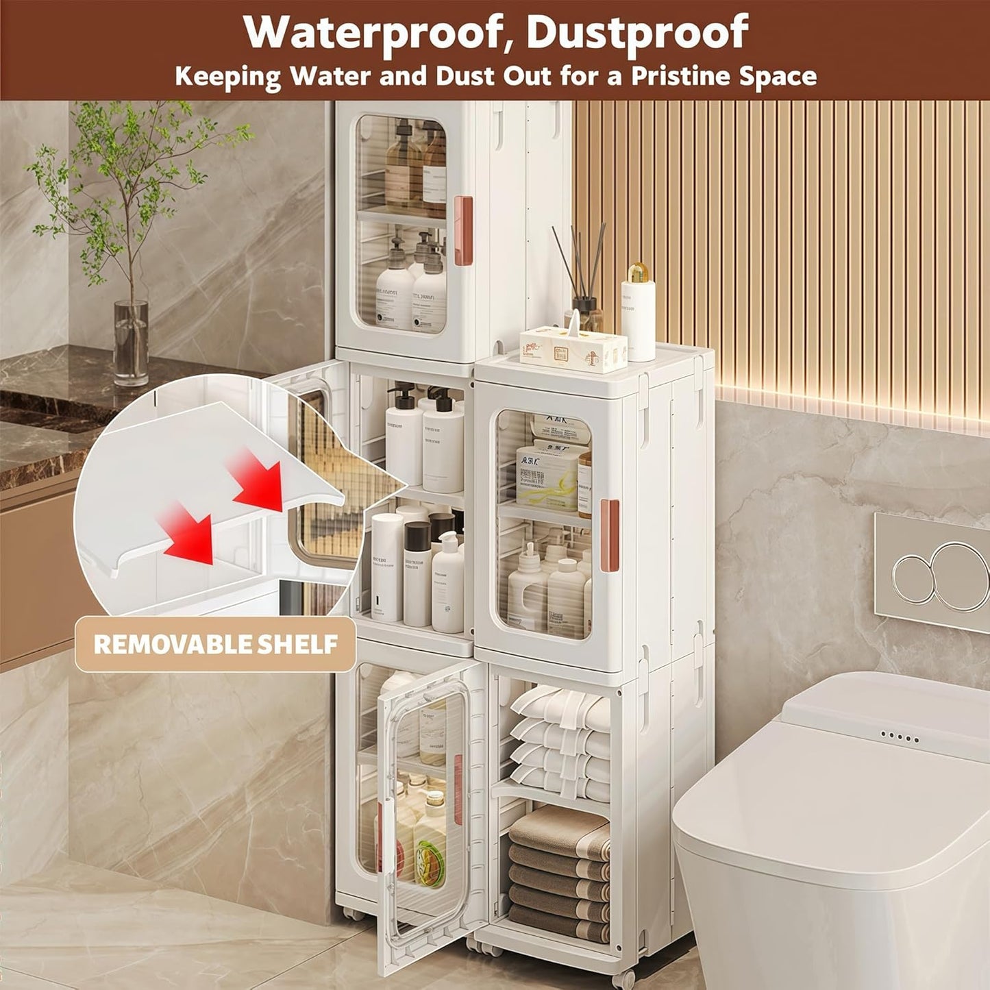Tall Narrow Storage Cabinet with Movable Wheels, Adjustable Shelves & Magnetic Doors – Foldable Slim Plastic Organizer for Bathroom, Kitchen, Laundry, Ideal for Small Spaces(4-Tier,White)