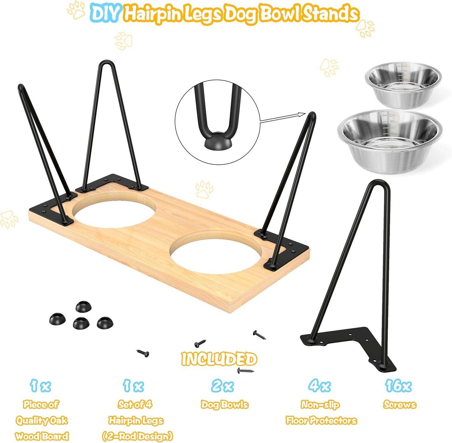 ROTHLEY Elevated Dog Bowls: Raised Dog Bowl Stand for Large Dogs Oak Wood Dog Food Stand with 2 Stainless Steel Bowl Set Aesthetic Modern Dog Feeding Table with Non-Slip Hairpin Legs for Tall Dogs