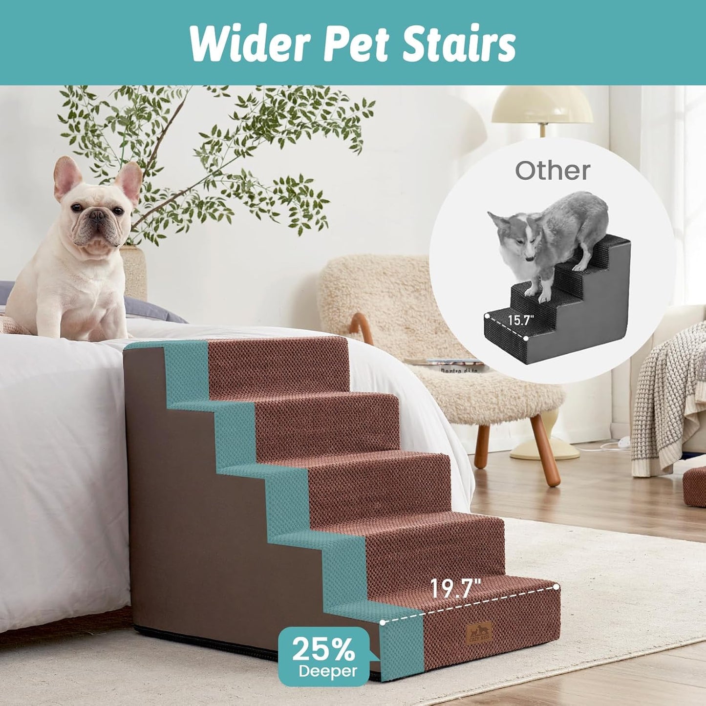 Dog Stairs for Small Dogs 5-Step, 19.7" Extra Wide Right-Angle Pet Stairs for Couch and Beds, Anti-Slip Dog Steps for Old Cats and Lowrider, 19.7x29.5x23.6 inch, Brown