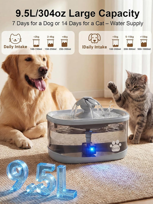 Kastty 9.5L Dog Water Fountain for Large Dogs,2.5Gal Large Capacity Pet Water Fountain with 3 Flow Modes, Automatic Quite Dog Water Bowl Dispenser with Water Window & LED,Easy to Clean(FS82,Grey)