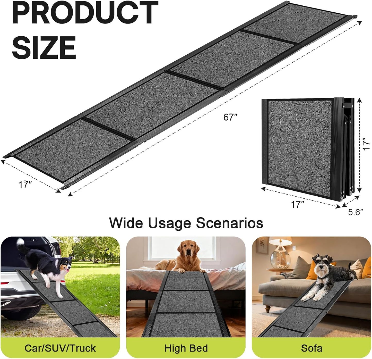 Lightweight Aluminum Dog Ramp for Women & Seniors - 67" Folding Car Ramp for Large Dogs to 250lbs | Portable Pet Ramp with Non-Slip Surface for Safe SUV, Truck Entry & Joint Care for Senior Pets