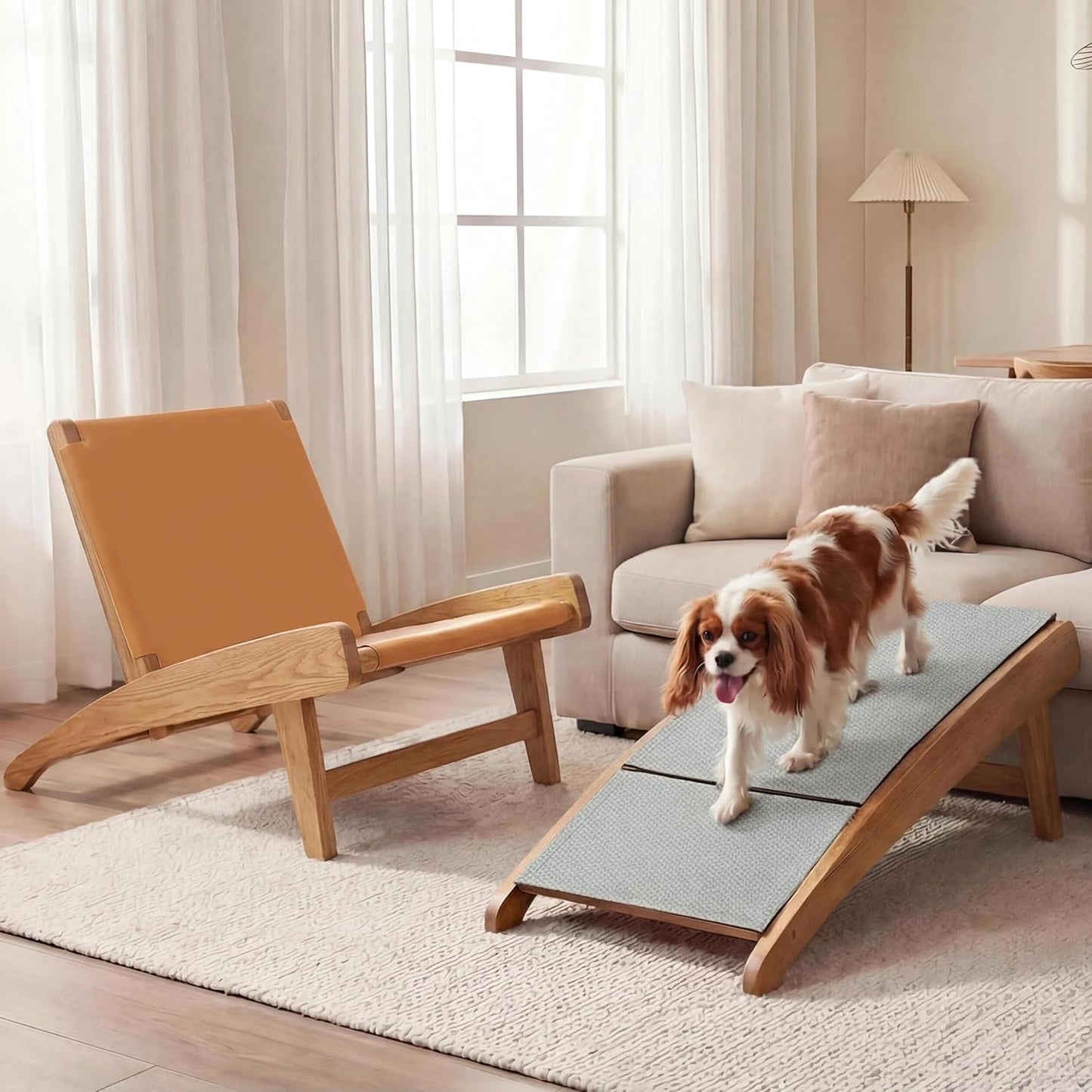 Dog Stairs for Couch 15.6" H, 23.6" W Saddle Leather Accent Chair Dog Ramp with Anti‑Slip Silicone Mat, 25° Angle 2 in 1 Transformable Wooden Pet Steps for living room for Small to Large Dogs(Natural)