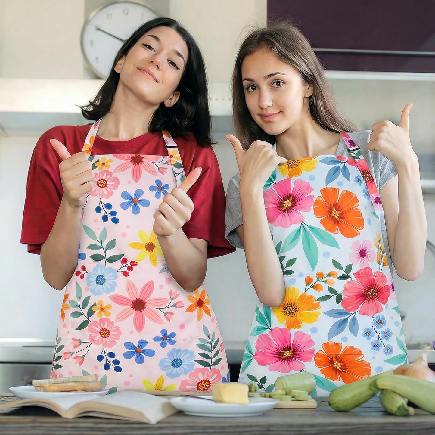 2 Pack Floral Apron for Women with Pockets, Adjustable Kitchen Chef Apron for Cooking, Baking, Gardening, Crafting