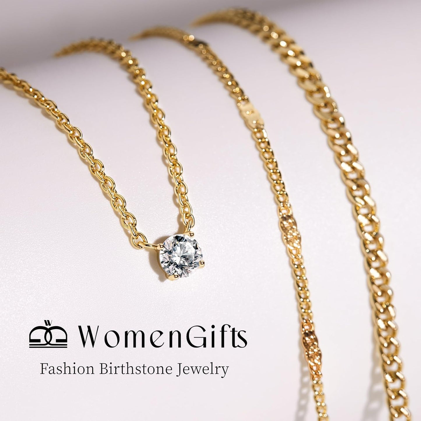 WomenGifts Layered Gold Necklaces for Women, 14K Gold Sterling Silver Plated Dainty Pendant Necklace Set with Cubic Zirconia Circle, Chunky Stackable Cuban Chain Choker, Trendy Personalized Birthstone Jewelry Gift Non Tarnish
