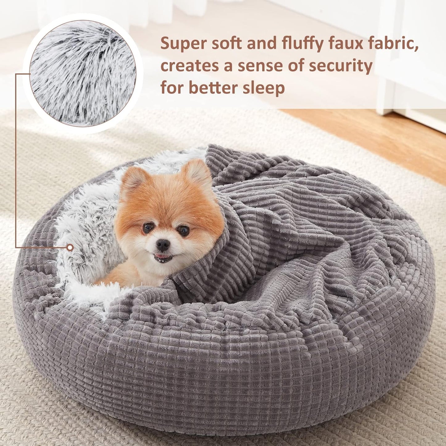 MIXJOY Dog Bed with Blanket, Round Calming Cozy Cave for Medium Dogs, Soft Plush Cuddler Puppy Bed and Burrow Cave, Anti-Slip Bottom, 26inch