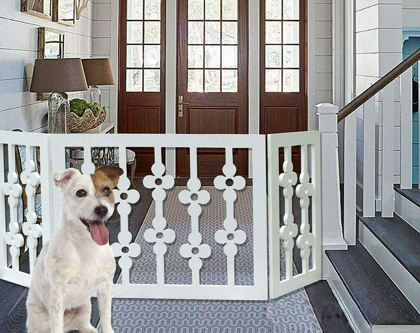 Freestanding Pet Gate for Dogs - Wooden Folding Decorative Fence for Doorways, Halls, Stairs Barrier- Step Over Divider (White Floral)