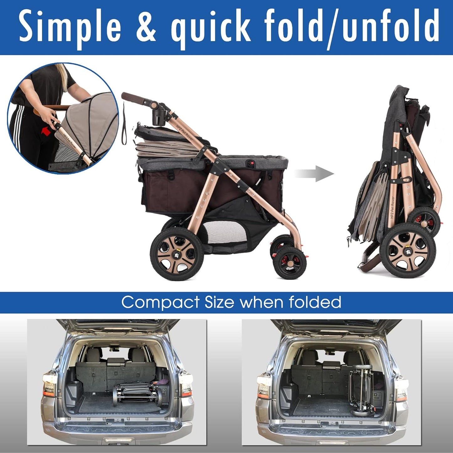HPZ Pet Rover Titan-HD Premium Super-Sized Dog/Cat/Pet Stroller SUV Travel Carriage/w Access Ramp/100Lbs Capacity/Pumpless Rubber Wheels/Aluminum Frame for Small, Med, Large, XL Pets (Taupe)