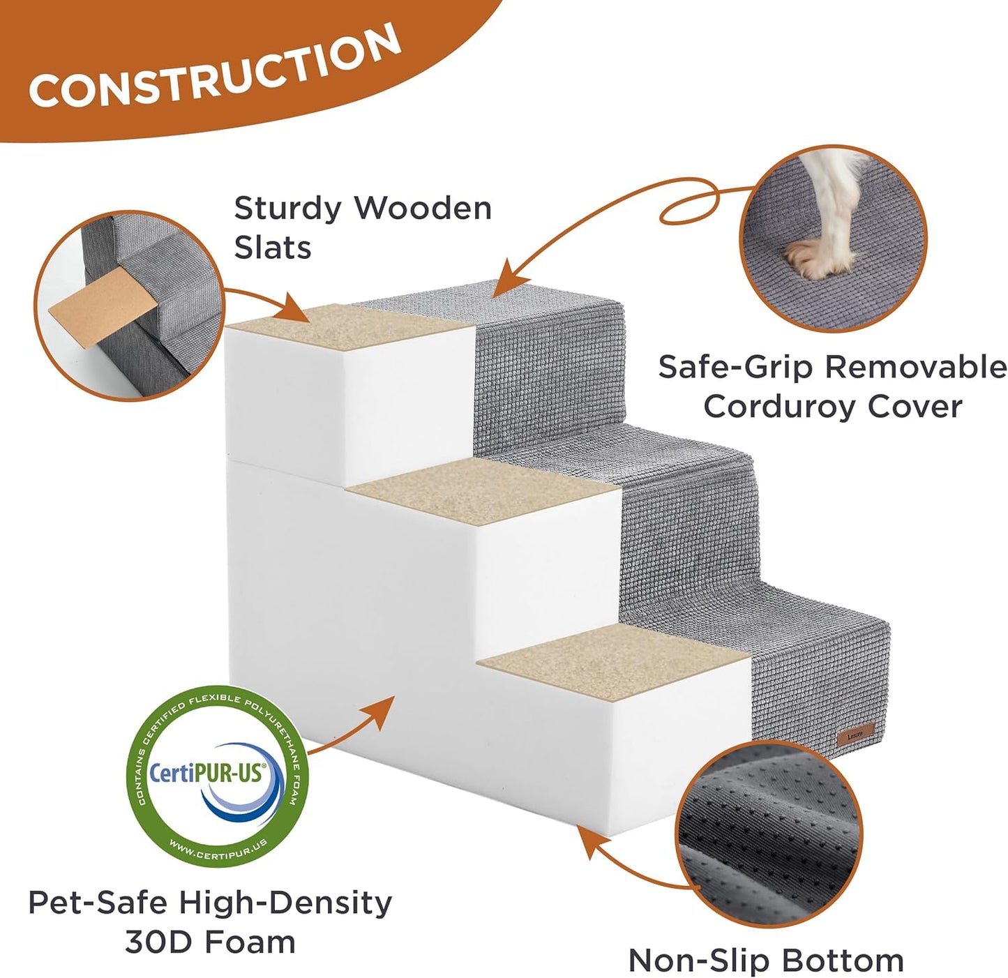 LE SURE Dog Stairs for High Beds Extra Wide Foldable Pet Steps 4-Steps for Small Dogs and Old Cats with CertiPUR-US Certified Foam and Non-Slip Bottom, Grey