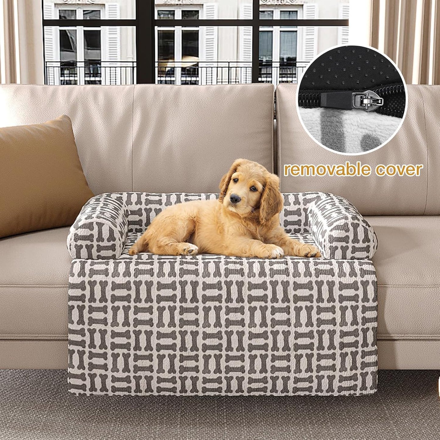 Orthopedic Dog Bed for Large Dogs, Washable Sofa Protector Pet Bed with 3-Sided Bolster, Shredded Memory Foam & Plush Support, Non-Slip Bottom for Medium & Small Dogs (Grey)