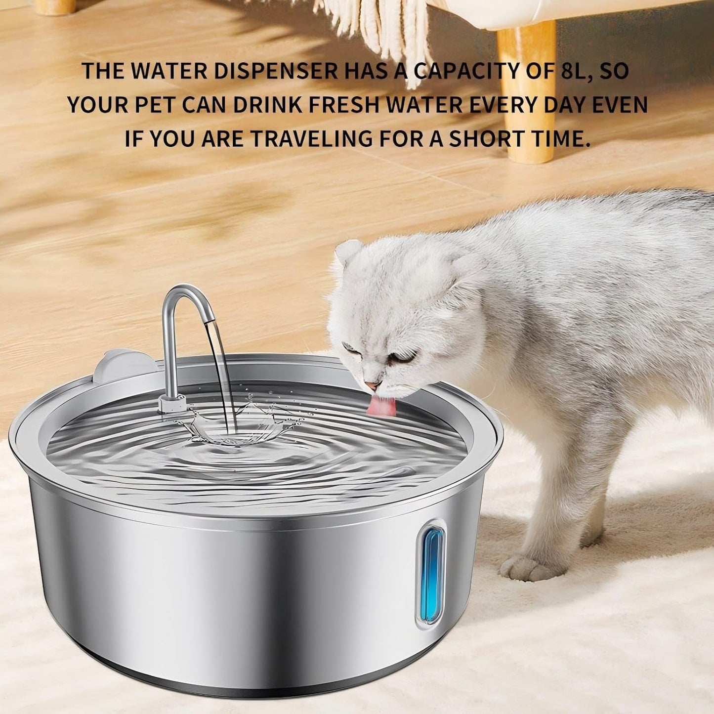 Large Dogs Water Fountain, 8L/270oz Stainless Steel Dog Water Fountain with Visual Water Level Window for Large for Families with Many Pets and Busy Families. with Operating Noise Below 30 decibels