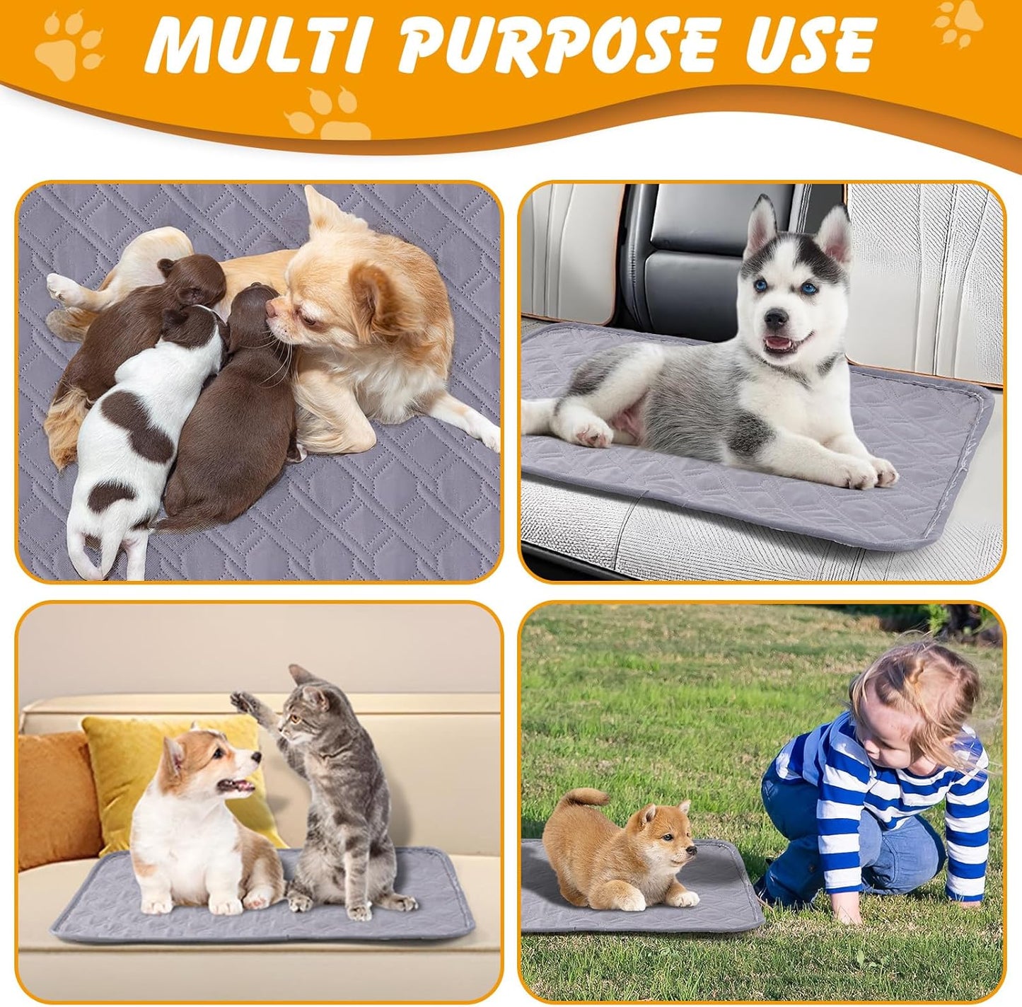 24x18 in Washable Pee Pads for Dogs,2 Pack Reusable Puppy Pads,Waterproof Non-Slip Pet Pee Pads ,4 Layer Design Pet Training Pads for Dogs, Cats, Bunny(Grey