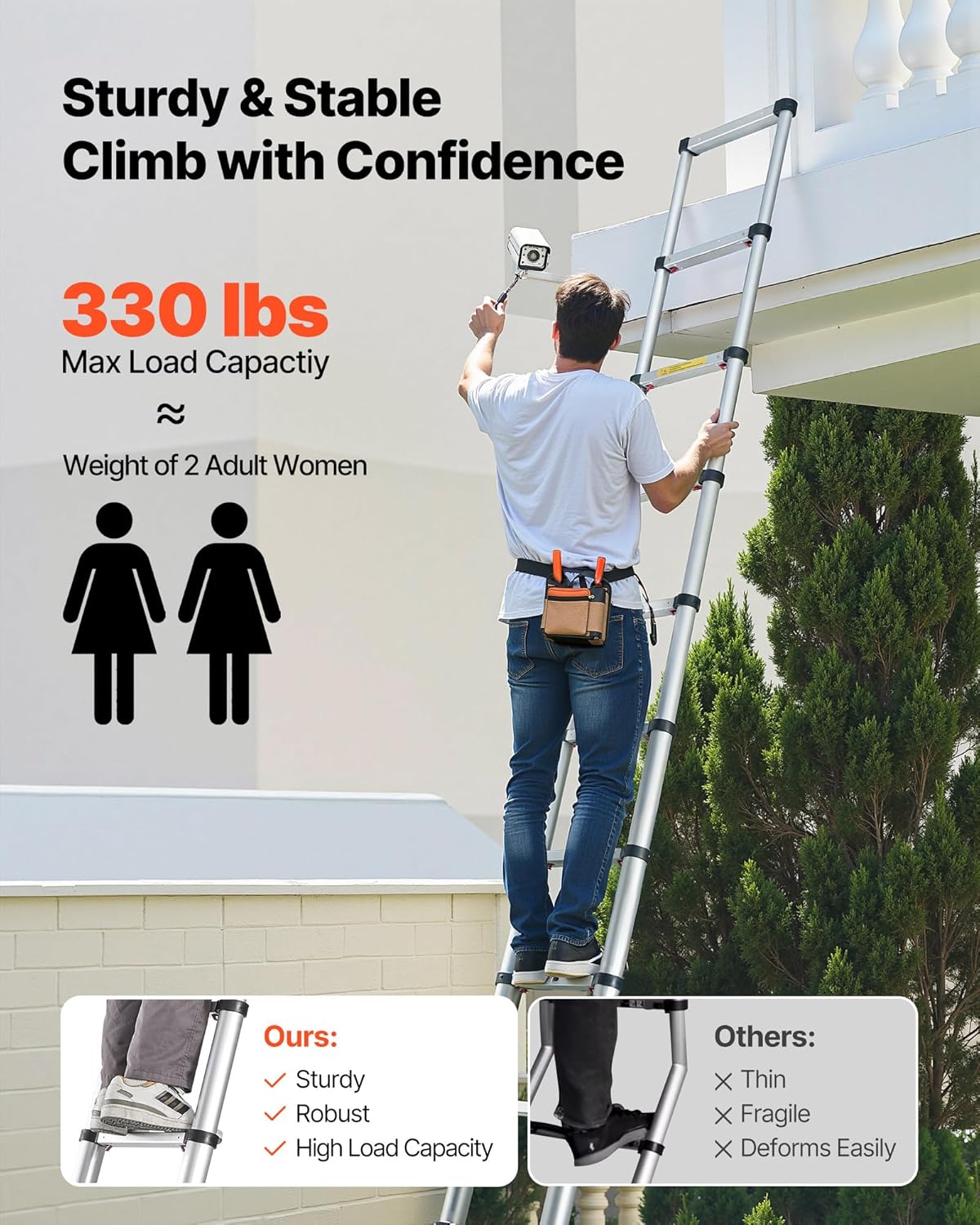 VEVOR 12.5ft Telescoping Ladder, Aluminum Lightweight Multi-Purpose Collapsible Extension, One-Touch Retraction Ladder, Heavy Duty 330LBS Max Capacity with Non-Slip Feet, for Home, Outdoor Work, Loft