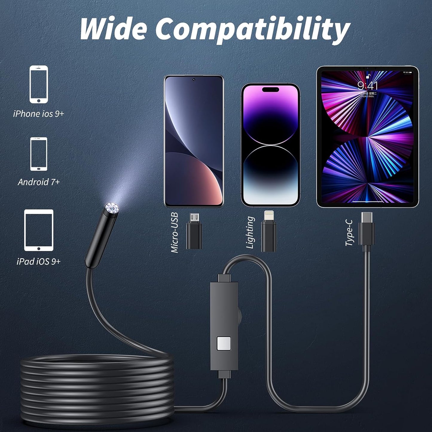 Endoscope Camera with Light, 1920P HD Borescope Tools with 8 Adjustable LED Lights, Endoscope with Semi-Rigid Snake Camera, Inspection Borescope for iOS and Android - 16.4ft Single Lens