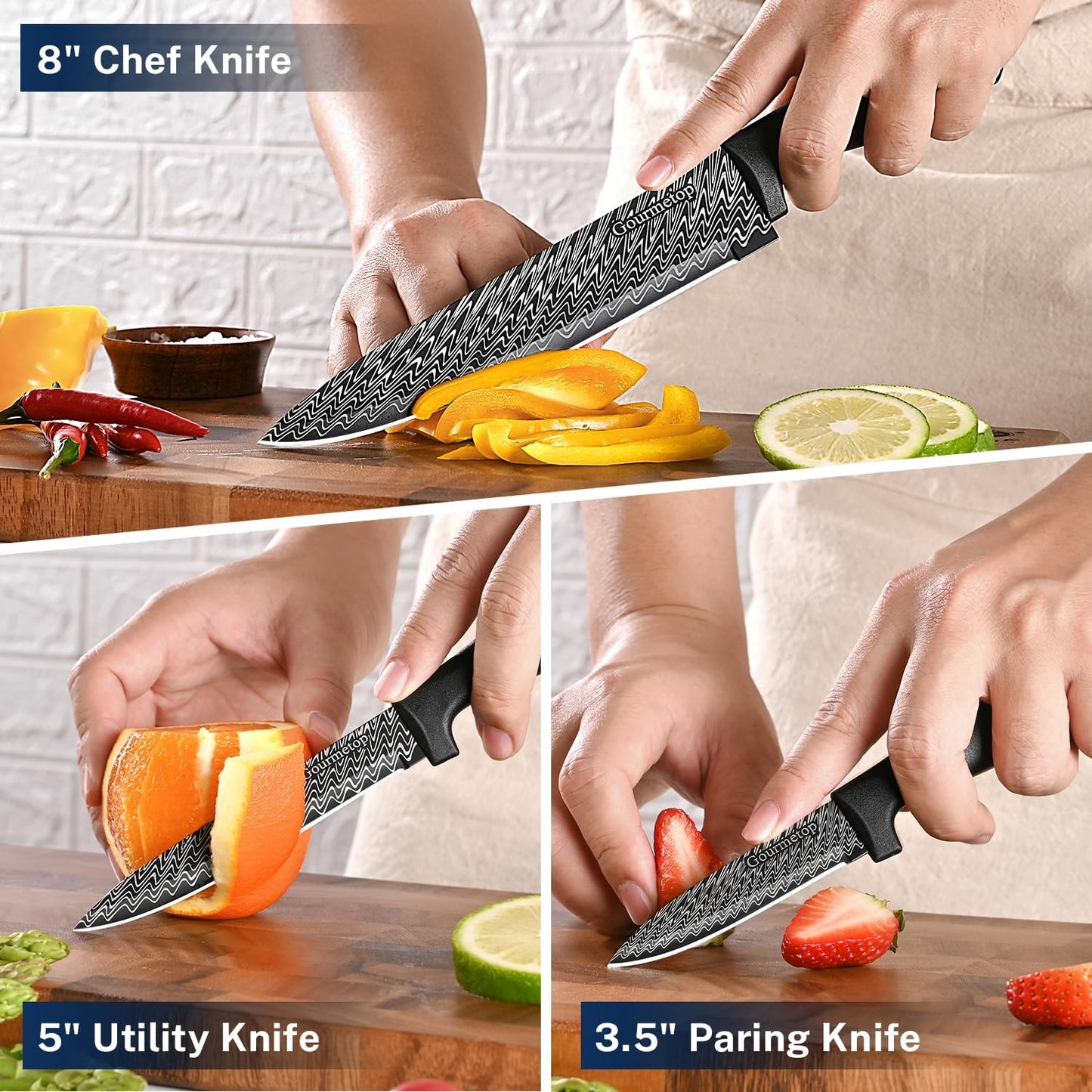 Kitchen Knife Set with Cover 3 Pcs, Black Chef Knife Set for Cooking, Sharp Kitchen Knives with Sheath, 8'' Chef Knife, 5'' Utility, 3.5'' Paring, Damascus Pattern Kitchen Knife for Cutting