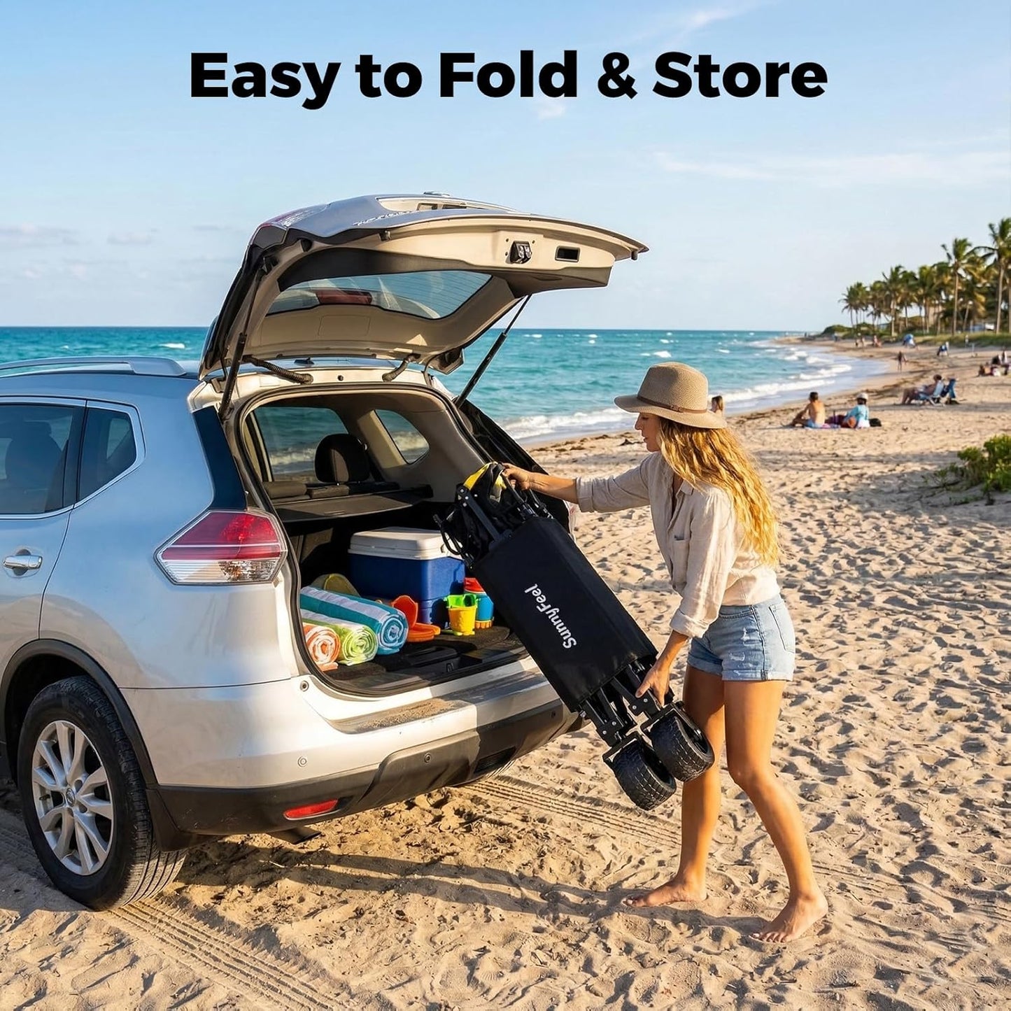 SUNNYFEEL Double Decker Folding Wagon Cart - 500lbs Heavy Duty Collapsible Utility Wagon with All Terrain Big Wheels & Drop Down Tailgate,400L Large Capacity Wagon for Camping,Garden,Sports