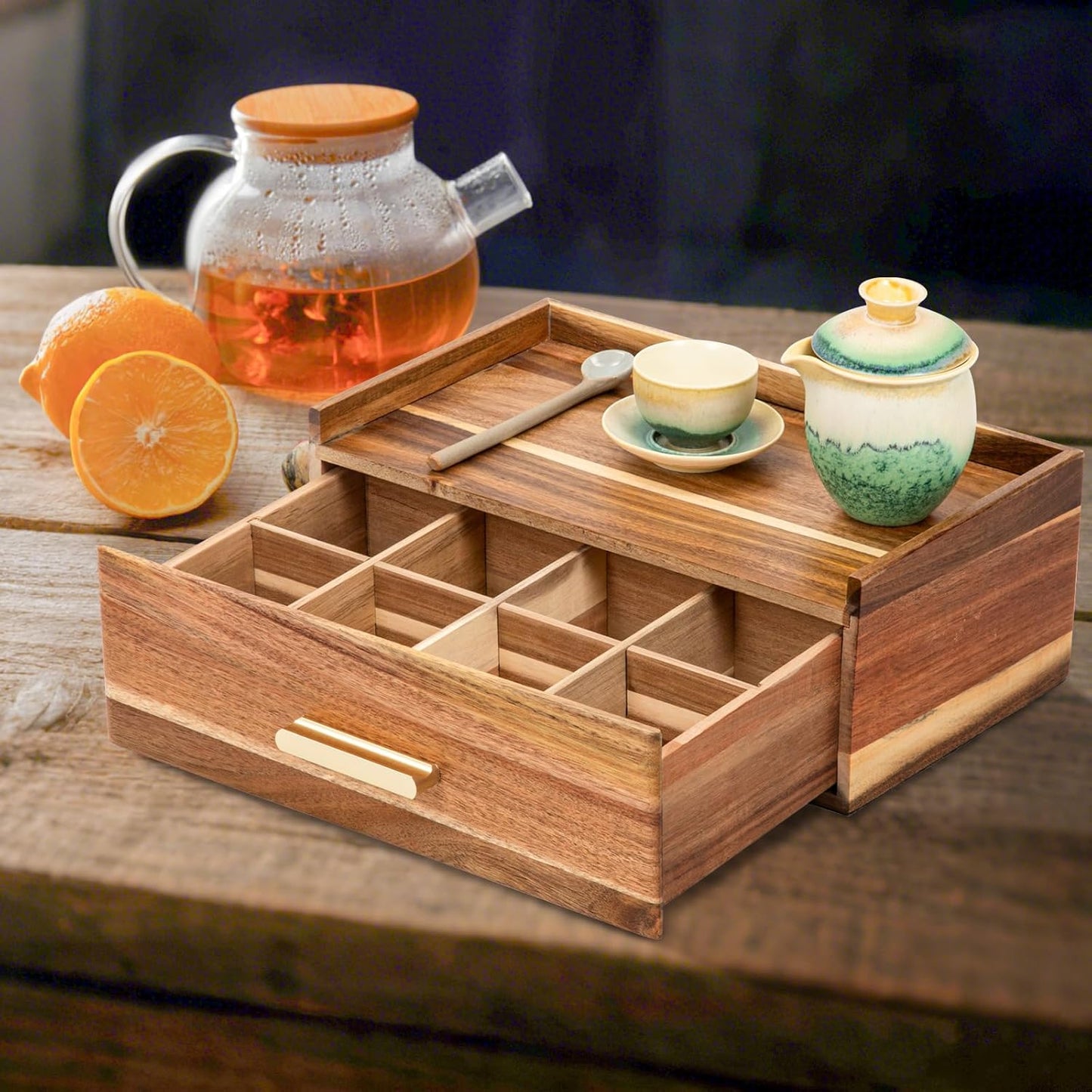 Tea Bag Organizer, Wood Tea Organizers and Storage Box, Tea Bag Holder Station Caddy Container for Countertop, Tea Accessories Gift Box with Drawer