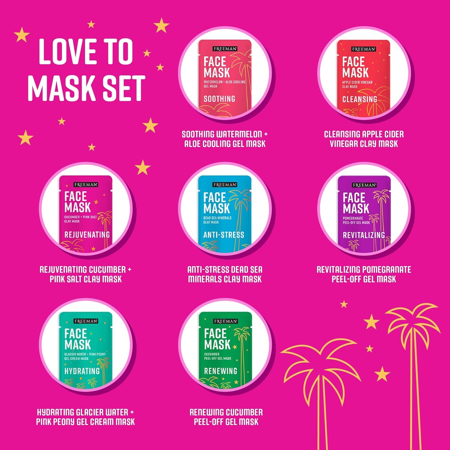 Freeman 14 Piece Love To Mask Variety Pack, Facial Masks For All Skin Types, Hydrate, Detoxify, & Clear Skin, Exfoliating Scrub, Bonus Headband and Skin Buffer, Face Masks Are Cruelty-Free & Vegan