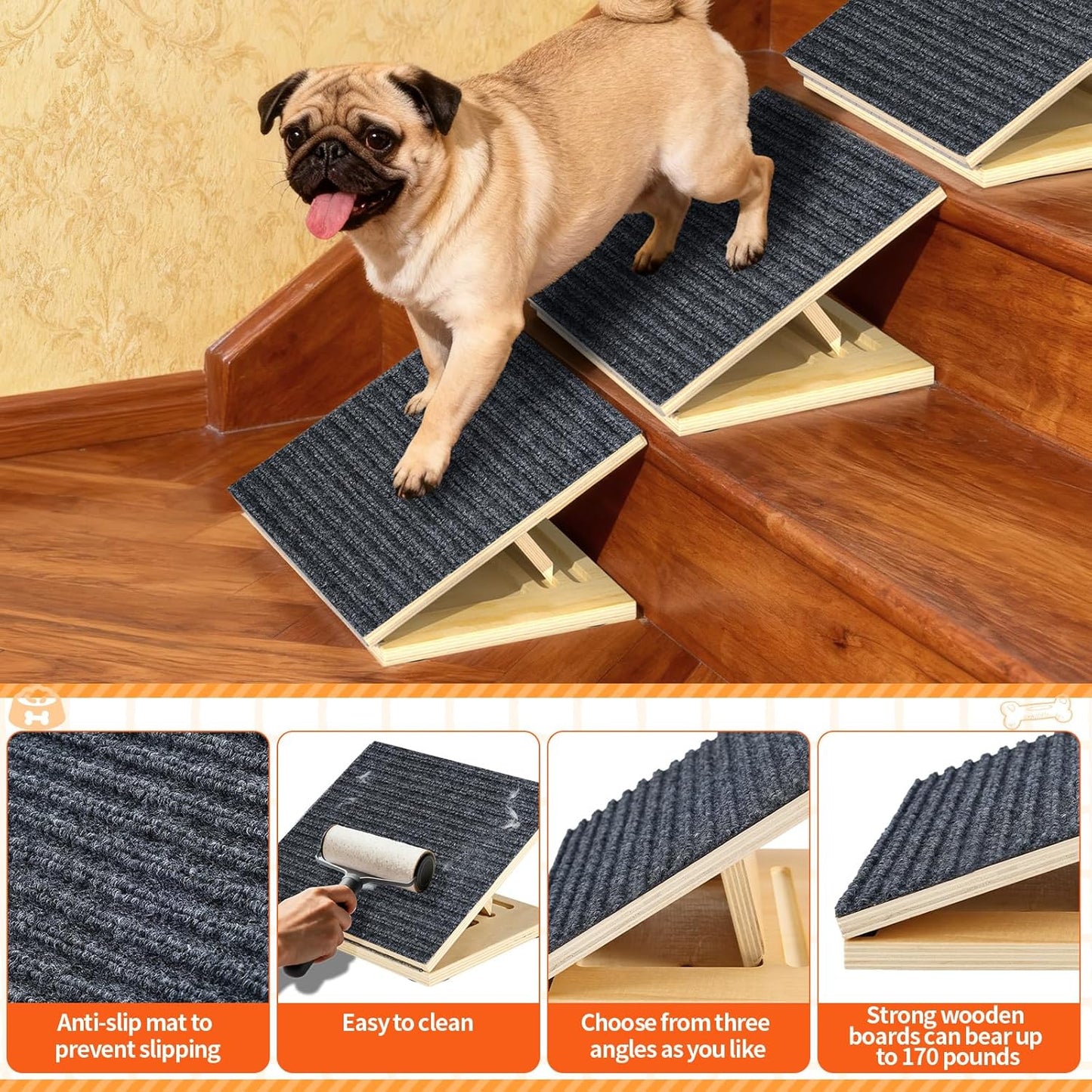 TNELTUEB 4 Pack Upgraded Dog Ramps for Stairs, Adjustable Stair ramp for Dogs,Portable Dog Stairs with Mat for Small Dogs and Cats, Non-Slip Pet Steps for Elderly or Injured Pets