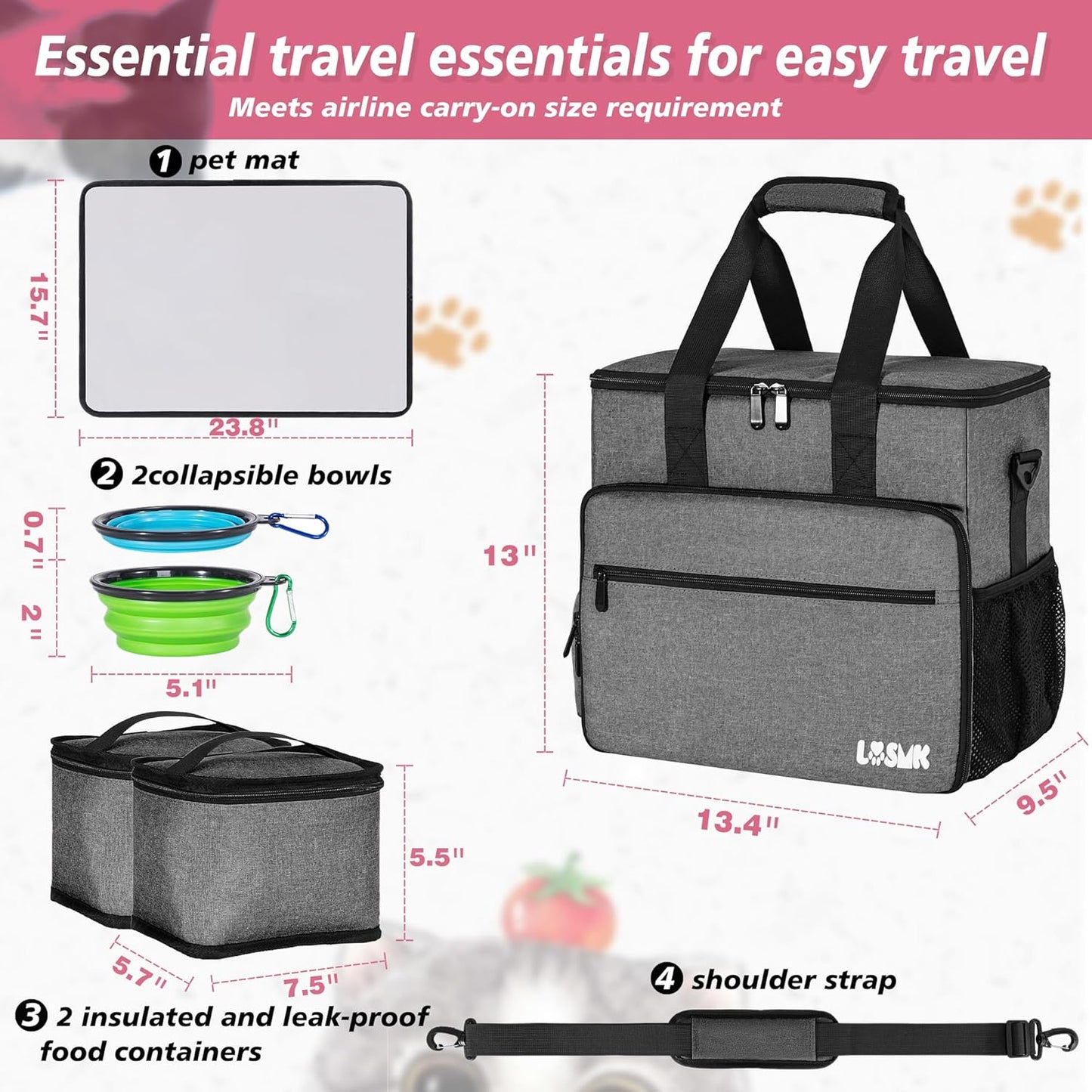 Dog Travel Bag, Large Pet Travel Set with Multi-Function Pockets, 2 Food Storage Containers, 2 Collapsible Bowls, 1 Feeding Mat for Pet Supplies, Road Trip Essentials, Weekend Camping (Black)