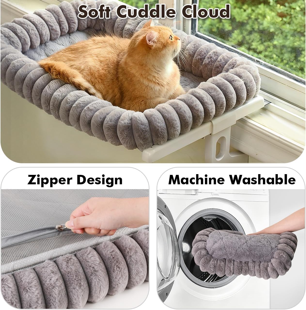 Cloud-Cuddle Cat Window Perch with 4-Sided Bolster, Zipper Design Cushion Window Seat for Window Sill, Sturdy Metal Frame & Easy Assembly Pet Hammock Bed for Indoor Cats (Gray, Medium)