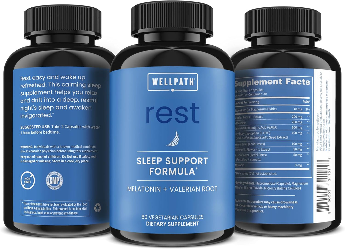 WellPath Rest Valerian Root Sleep Aid for Adults with Melatonin & L-Theanine | Natural & Herbal Sleeping Pills with Extra Strength | | 5-HTP, Lemon Balm, Chamomile, 60 Ct