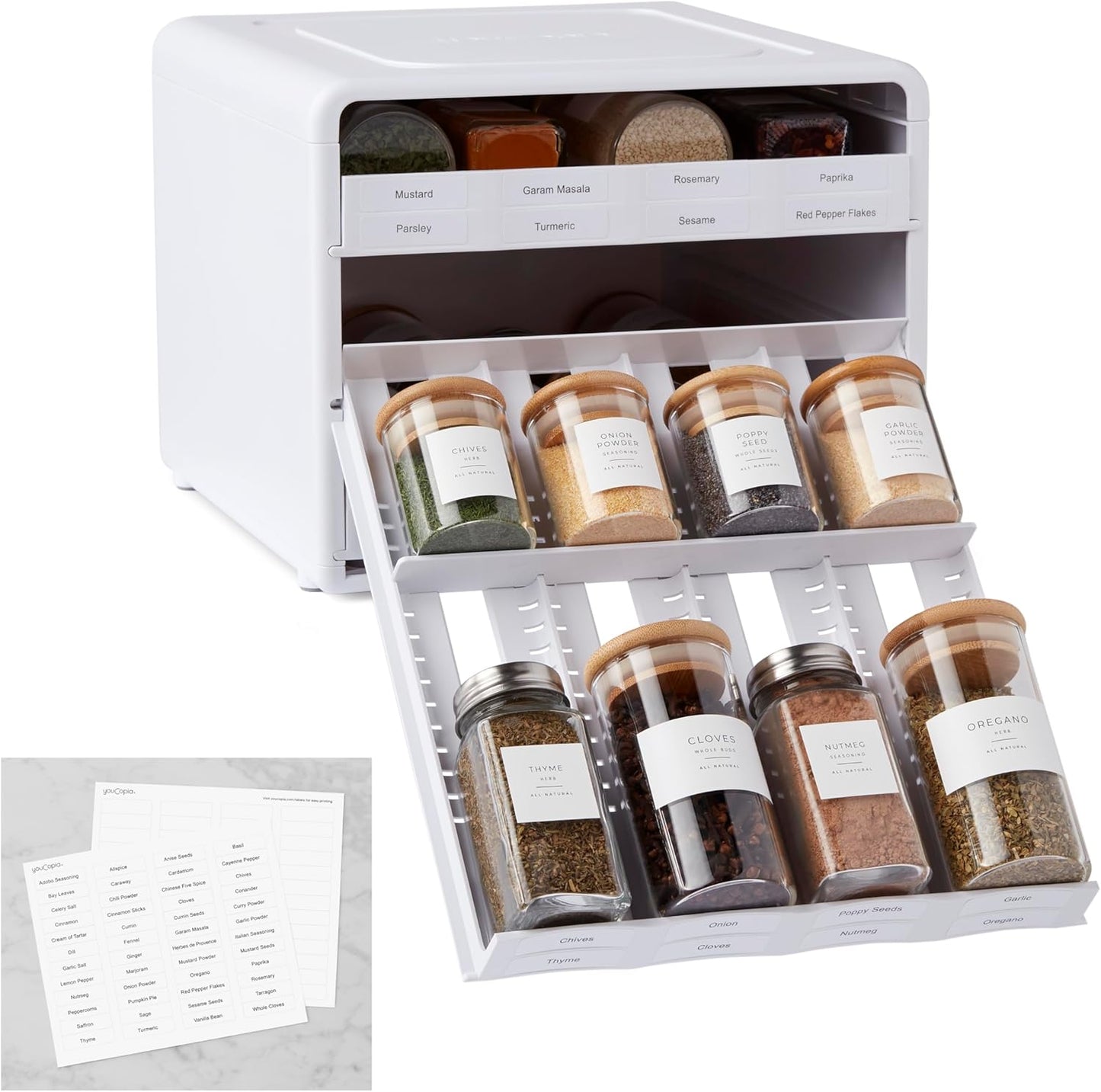 YouCopia SpiceStack® Adjustable Spice Rack Organizer, Pull-Down 24-Bottle Seasonings and Spices Holder for Kitchen Cabinet and Pantry Organization with 104 Included Labels | Adjustable, Organizer, Seasonings, Spices Holder, Kitchen Cabinet