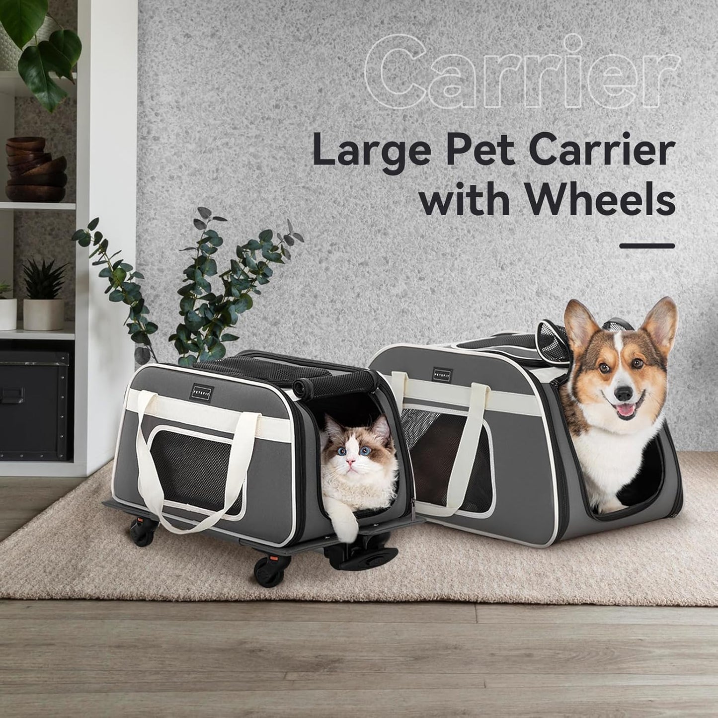 PETSFIT Airline Approved Cat Carrier with Wheels Designed for Small Dogs/Cats with Adjustable Safety Rope & Removable Wheels