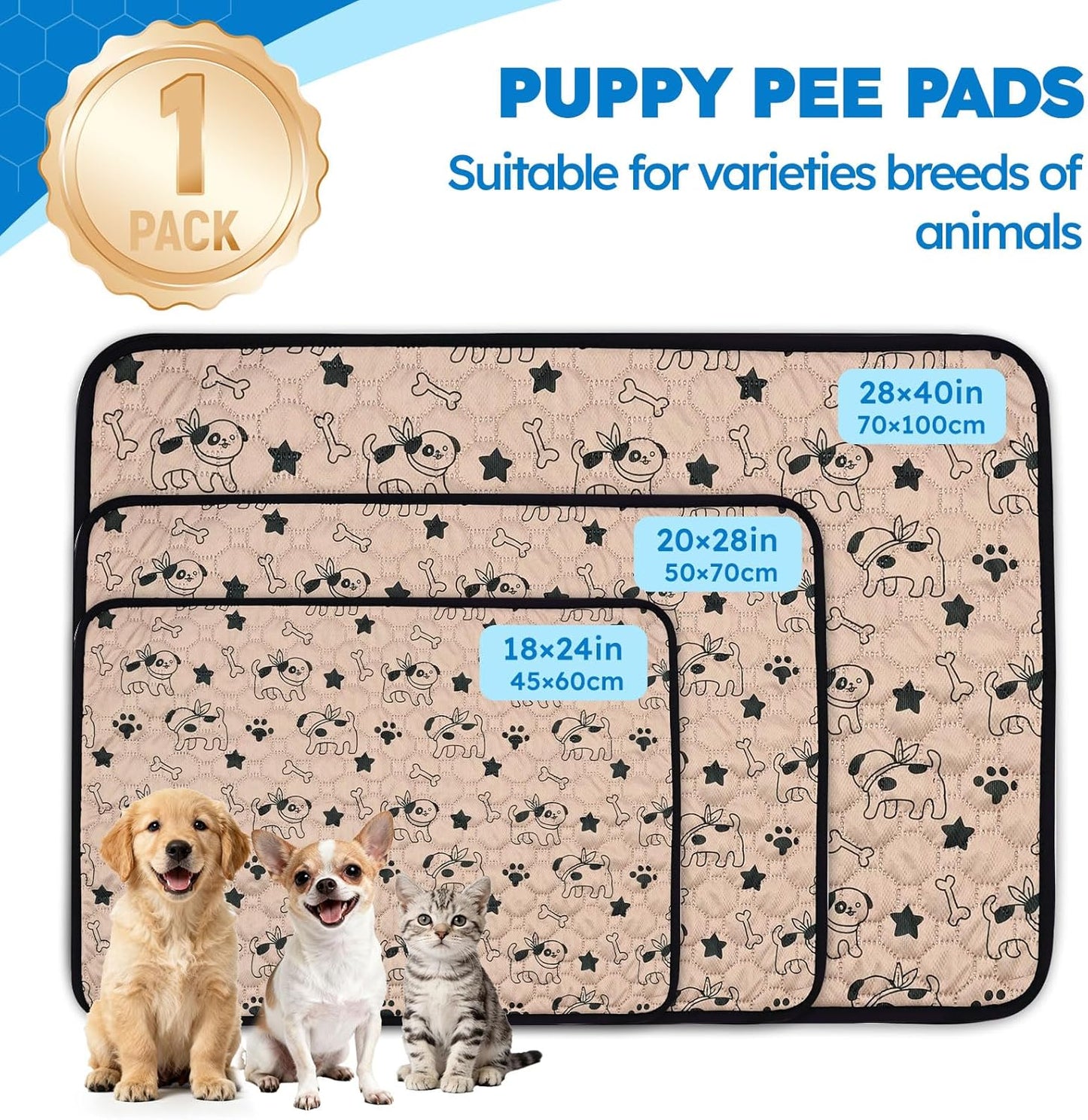 Washable Pee Pads for Dogs, Absorbent Reusable Puppy Training Pads, Leakproof, Non-Slip, Waterproof Cat Doggie Pad Pet Potty Mat for Indoor&Outdoor, Whelping, Playpen, Crate, Coffee 18"x24"