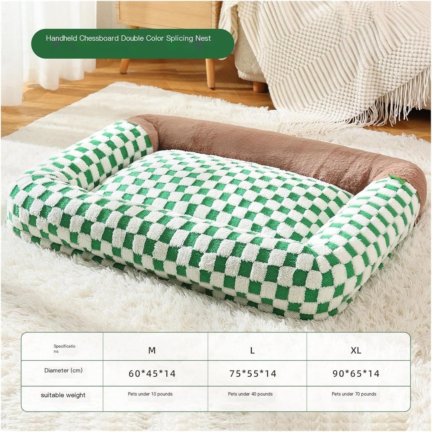 Checkerboard Square nest Soft Large pet Bed deep Sleep cat Kennel Winter Warm mat(Green,Small)