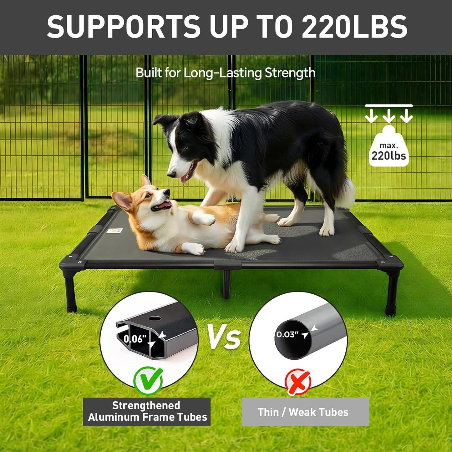 Sytopia 42'' Indestructible Outdoor Elevated Dog Bed for Large Dogs, Chew-Proof Pet Camping Raised Cot with Breathable Mesh - Durable Frame, Cooling Hammock Bed, Non-Slip Feet, Waterproof, Easy Clean