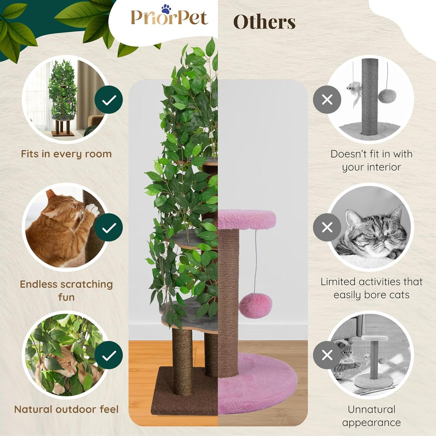 Cat Tree with Leaves – Stable & Space-Saving Design – 4 Scratch Levels & 5 Scratching Posts – for Climbing, Hiding and Sleeping – Easy to Assemble – Durable Cat Trees for Indoor Cats – Natural Look