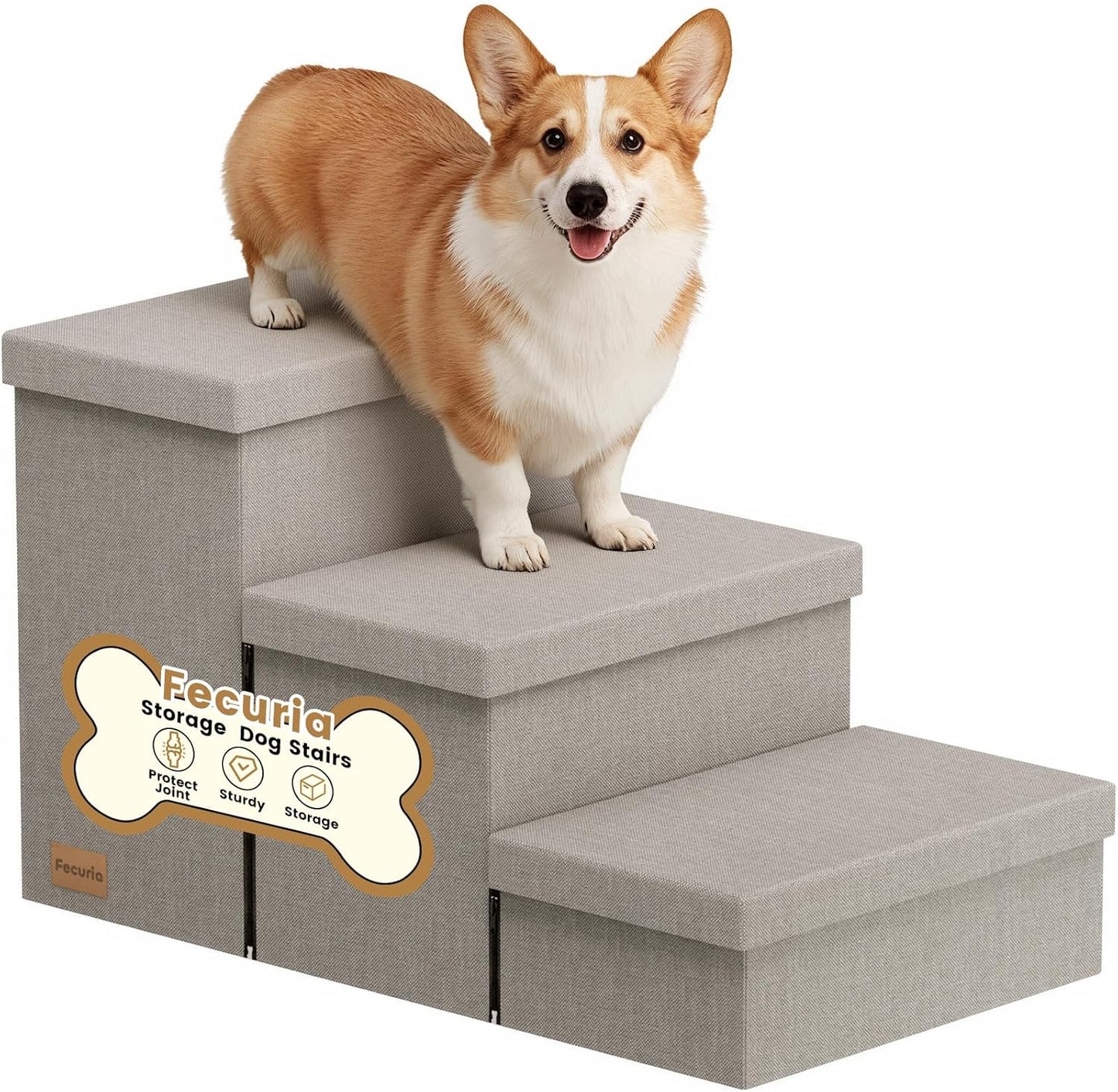3-Step Wide Dog Stairs with Hidden Storage 18" H, Non-Slip Dog Steps for High Bed Couch Window Car, Jiont-Friendly Pet Stairs Ramp for Small/Medium/Large Old Dogs Cats Up to 200lbs, Grey