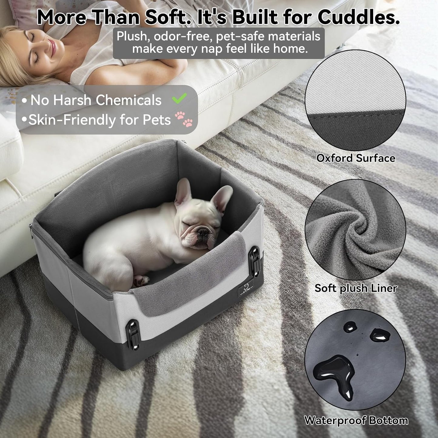 A 4 Pet Dog Car Seats for Small Dogs Under 25lbs – Safety Travel Booster Seat with Patent Buckles, Adjustable Leash – Reduces Anxiety & Road Trips – Frame Support for Cars, SUV, Pickup