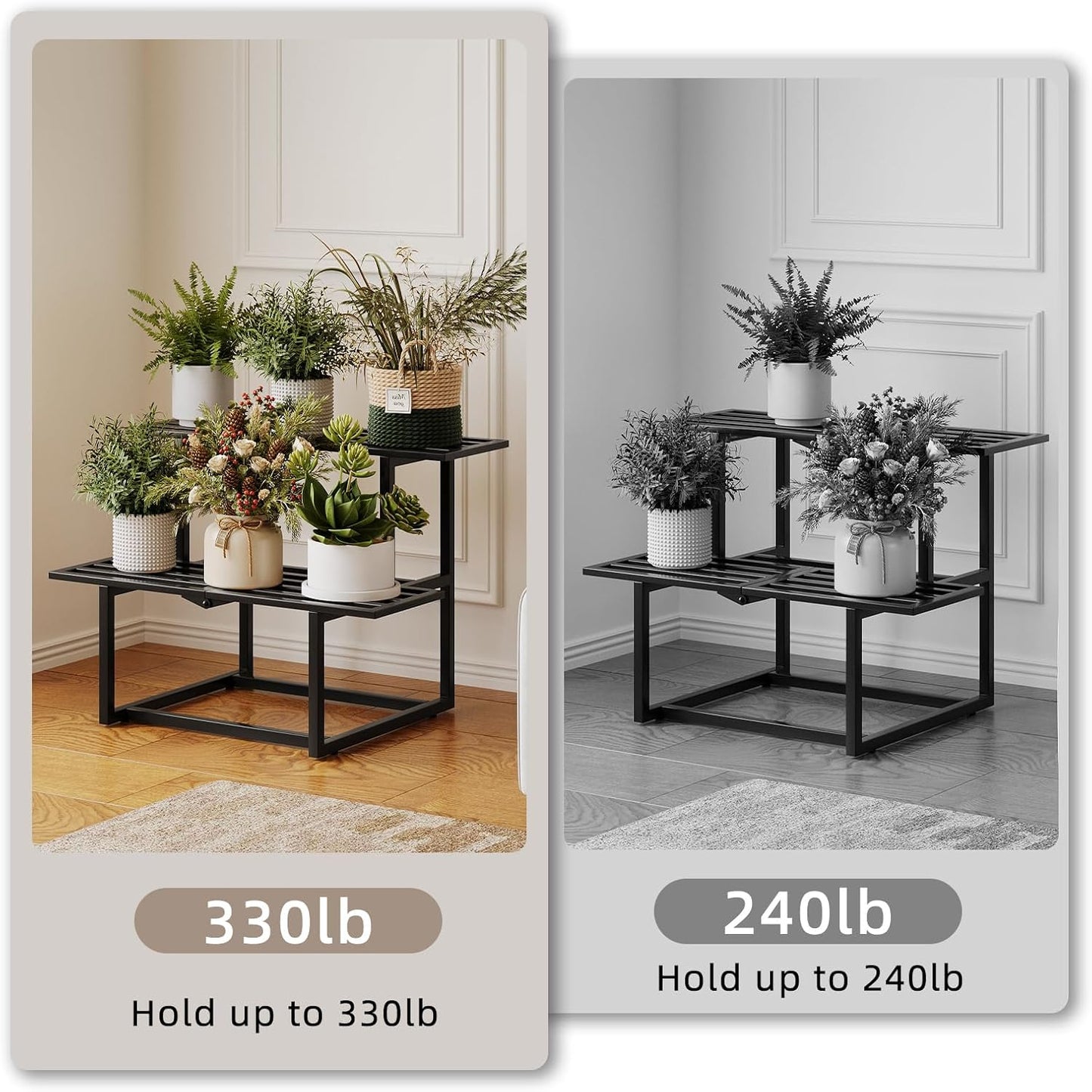Plant Stand Indoor Outdoor, Foldable Metal Plant Shelf for Multiple Pots, Mid Century Slatted Bench for Patio Garden, Heavy Duty Capacity 330 lbs 2 Tier Black