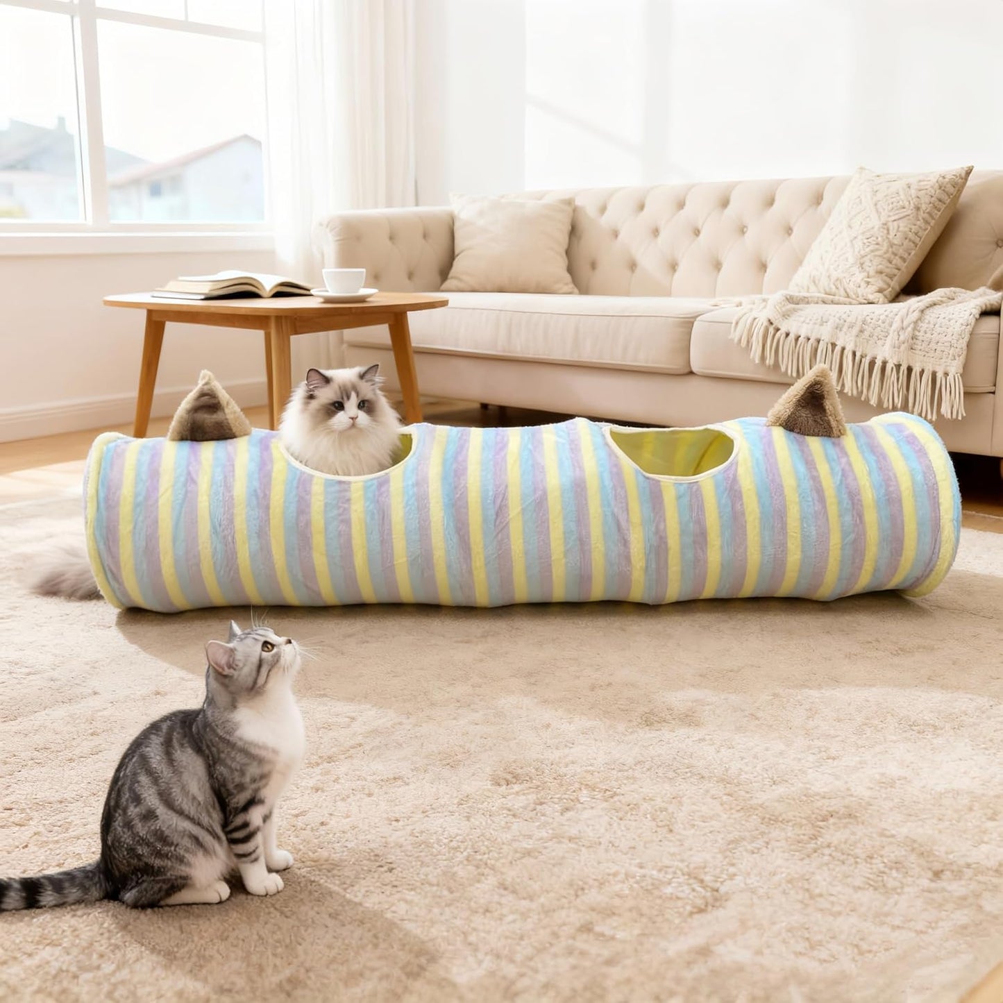Cat Tunnel for Indoor Cats, Cute Cat Toy Tunnel for Small Large Cats, 45" Straight Cat Tunnel Toys with Balls & Crinkle Paper Ears Collapsible Peekaboo Cave for Kitten, Diameter 9.8" (Colorful Stripe)