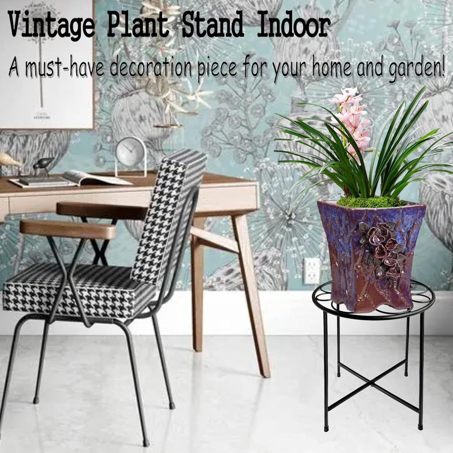 Plant Stand, 15'' Tall Indoor Outdoor Set of 1, Retro Design Round, Rust-Proof Coated Metal Pot Stand for Flowers, Patio Garden Home Decor - Black