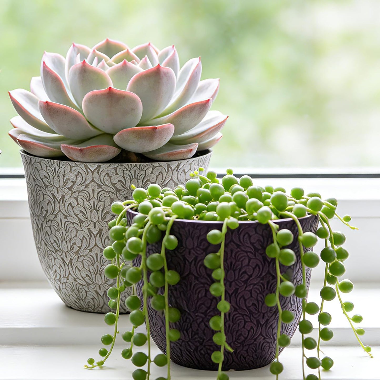 Worth Garden Plastic Round 8" Plant Pots for Indoor Plants - Set of 6 Multicolor Small Flower Pots W/Drainage Hole and Rubber Plug - Home Christmas Decorative planters Retro Floral Pattern