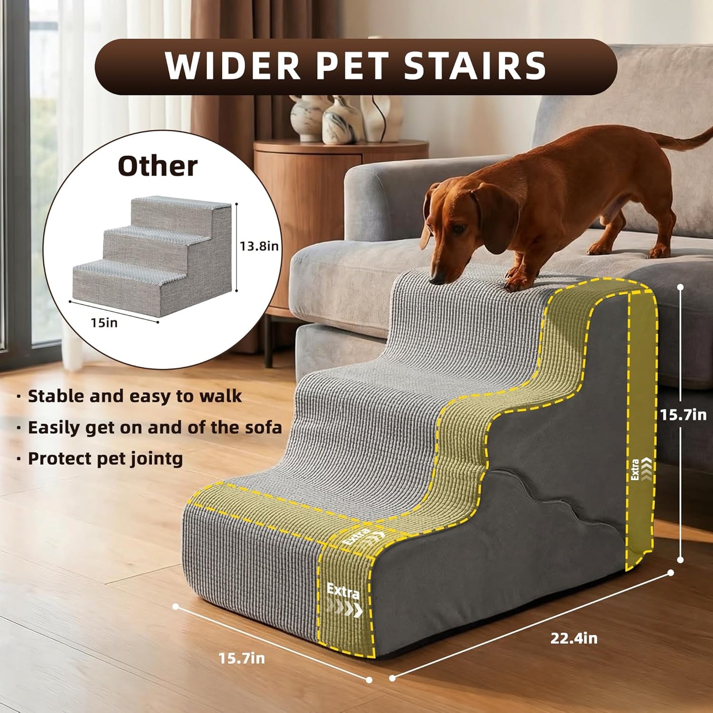 Pet Dog Stairs for Small Dogs, 2 in 1 Transformable 3-Step Pet Stairs and Wave Anti-Fall Slope for Short Legs and Long Legs Dog, for Couch (12-19 in) with Durable Non-Slip Waterproof Cover（Grey）