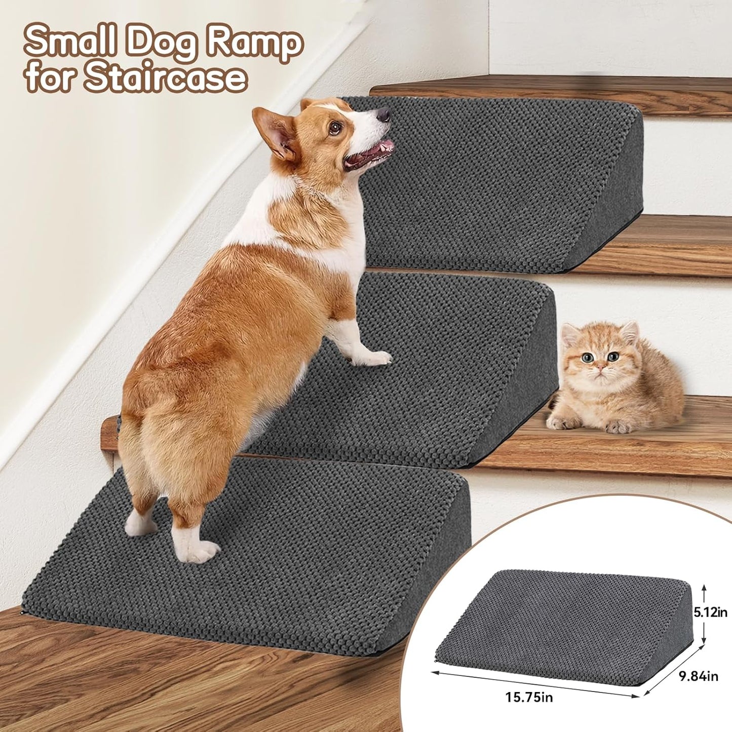 Dog Stairs for High Bed, 30 Inch Height 6 Steps Soft Foam Spliced Dog Steps for Bed, Non-Slip Sturdy Pet Stairs with 3 Pack Ramps for Staircase, Ramp for Small, Older Dogs - Grey