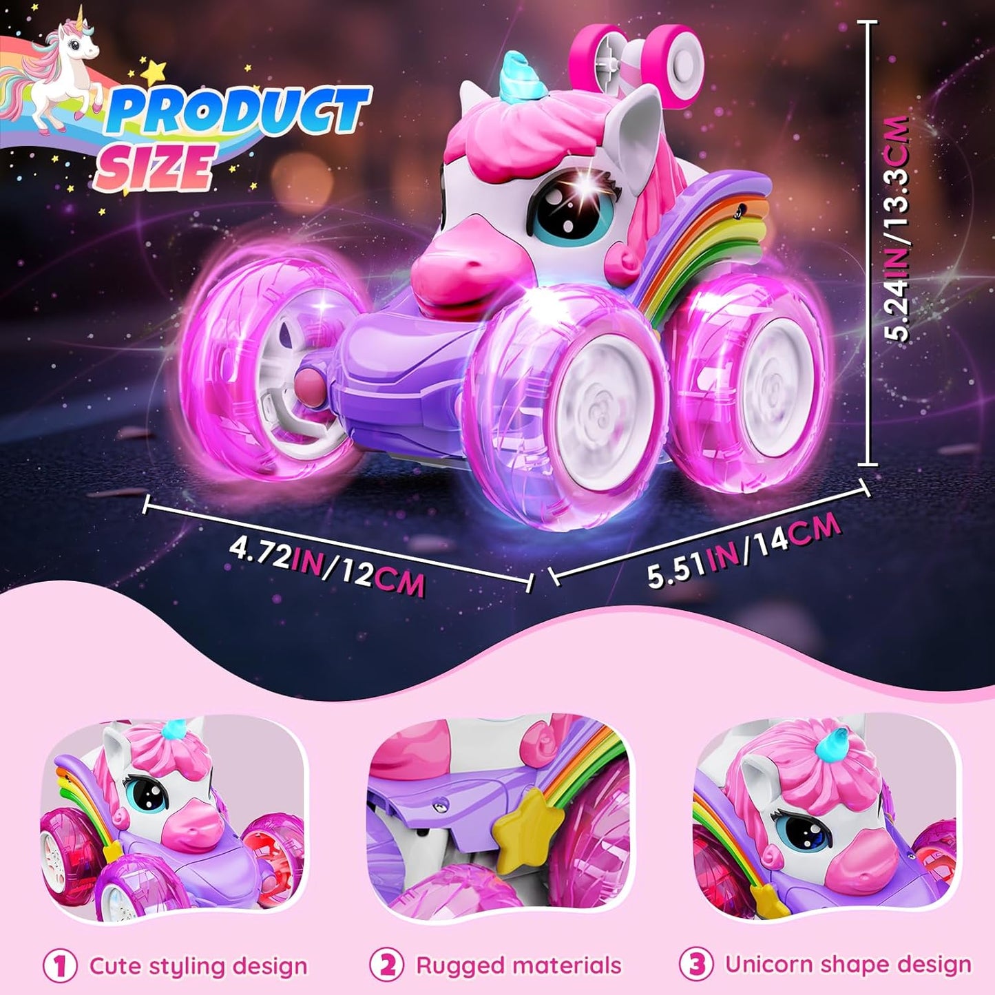 Unicorn Remote Control Car Toys for Girl - 360° Rotating Pink RC Stunt Cars 4WD Remote Cars for Kids, 2.4GHz Toy Car with LED Lights, Easter Birthday Gift for 3 4 5 6 7 8 9 Year Old Girl