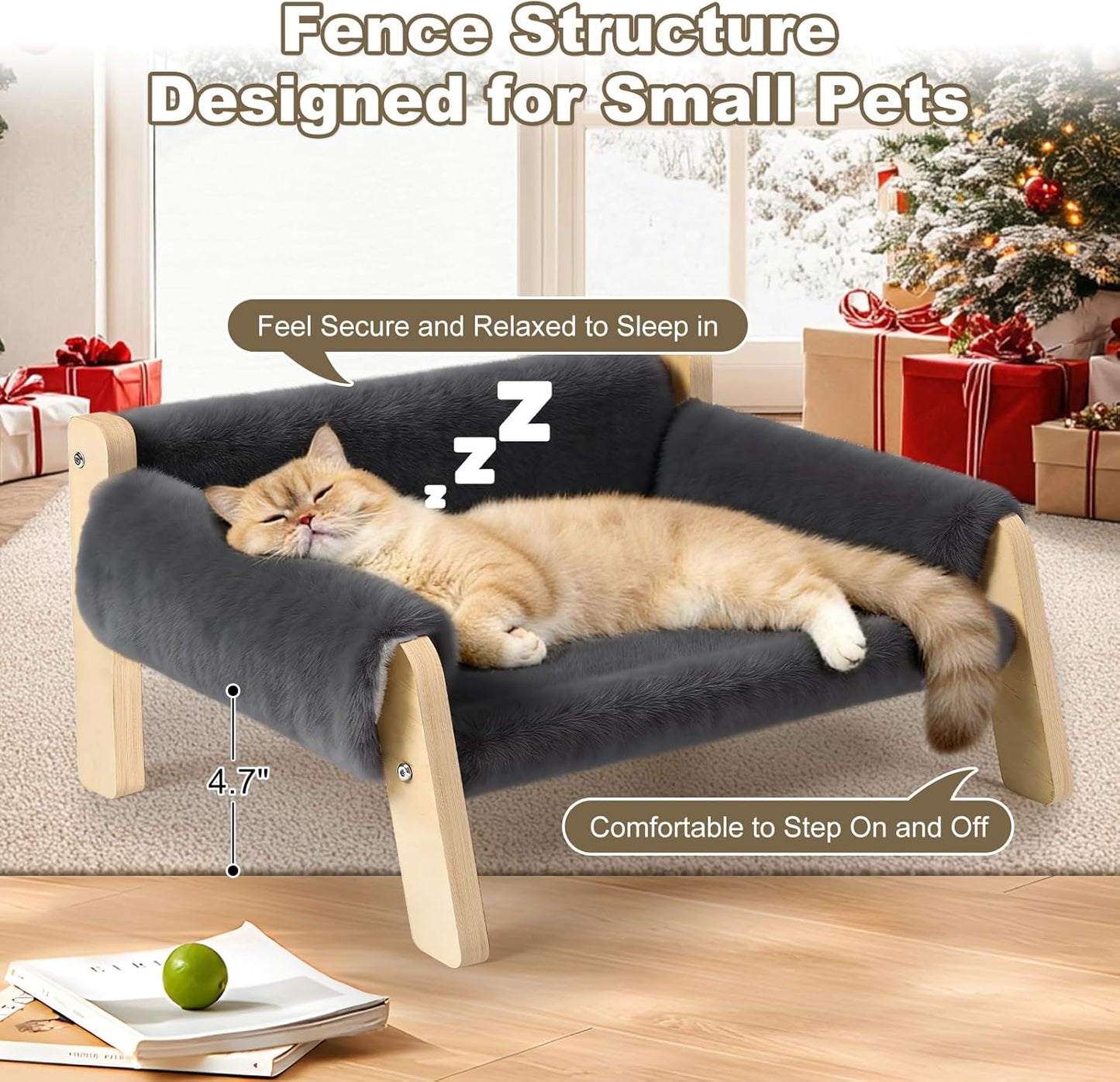 Elevated Cat Couch Bed for Indoor Cats - Wooden Pet Sofa with Removable Washable Thick Cover Raised Kitty Lounge Chair Suitable for Puppy or Small Animals(Cat Sofa Grey)