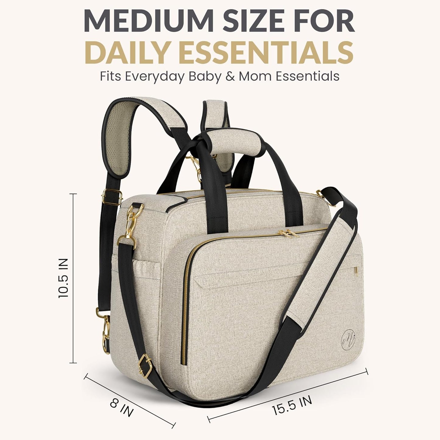 Mellories 4 in 1 Convertible Diaper Bag Tote for Baby Boys and Girls - Converts into Diaper Backpack, Baby Tote, Stroller and Crossbody Diaper Bag - Beige Baby Travel Bag - Gift for Mom