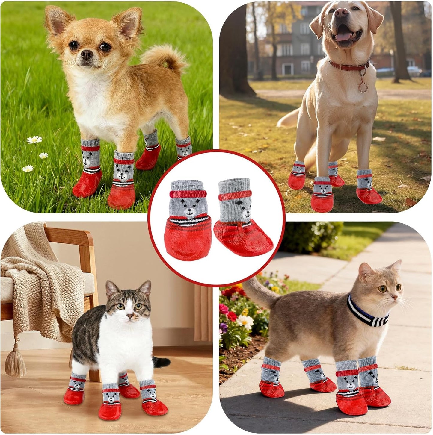 2 Set Non Slip Dog Socks Waterproof Lick Resistant Paw Protectors with Adjustable Hook and Loop Fastener, Breathable Pet Shoes for Medium to Large Dogs(Red, L)
