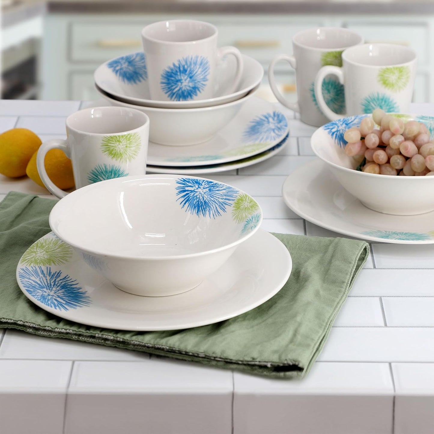 Gibson Home Blue Meadow 12 Piece Fine Ceramic Dinnerware Set in White with Colored Accents