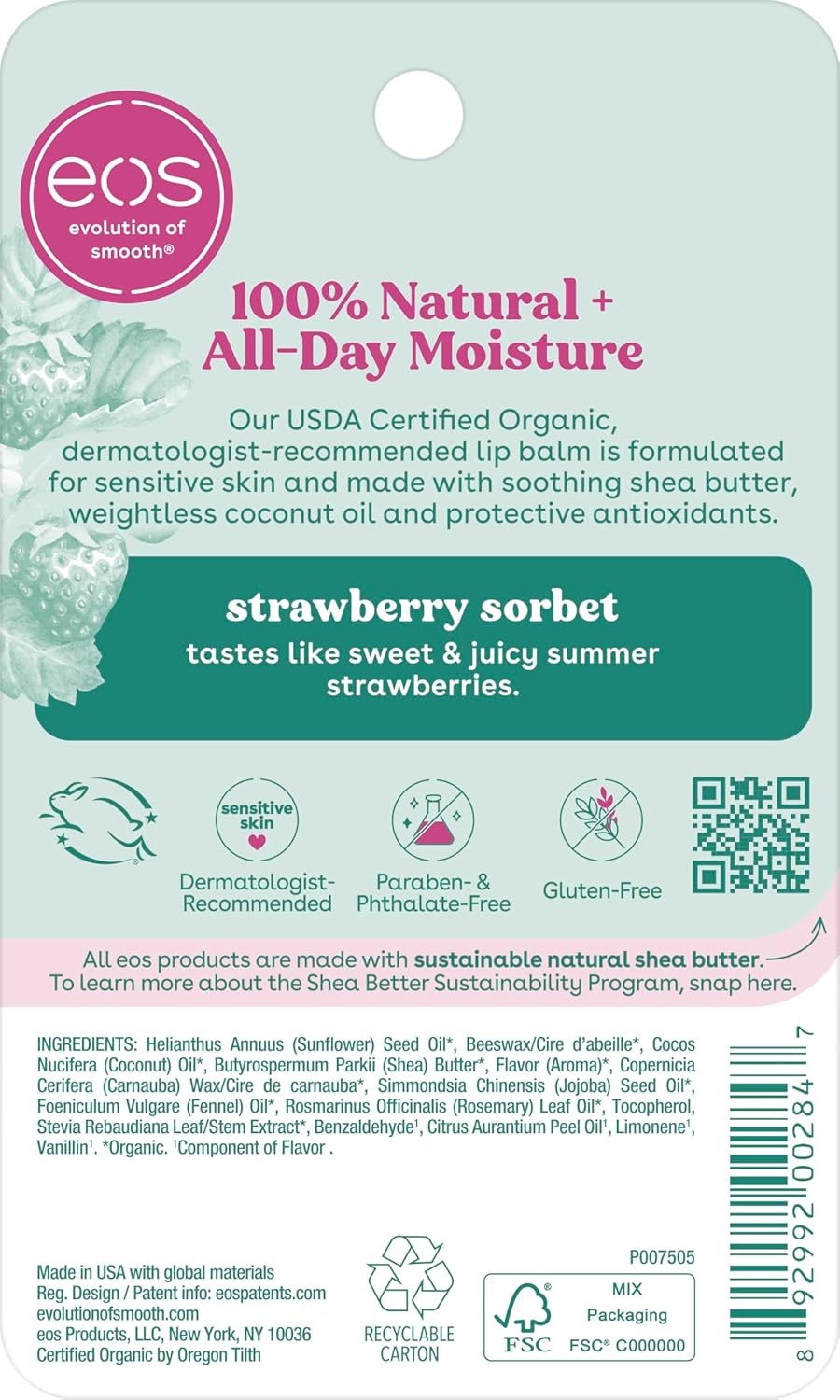 eos 100% Natural & Organic Lip Balm - Strawberry Sorbet, All-Day Moisture, Dermatologist Recommended for Sensitive Skin Care, Lip Care Products, 0.25 oz
