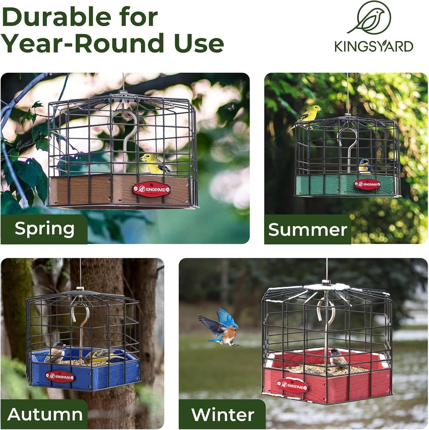 Kingsyard Squirrel Proof Platform Bird Feeders for Outdoor Hanging, 10" Wide Metal Caged Bird Feeder for Small Wildbirds Finches, Recycled Plastic Feeding Platform with Metal Seed Tray, Brown