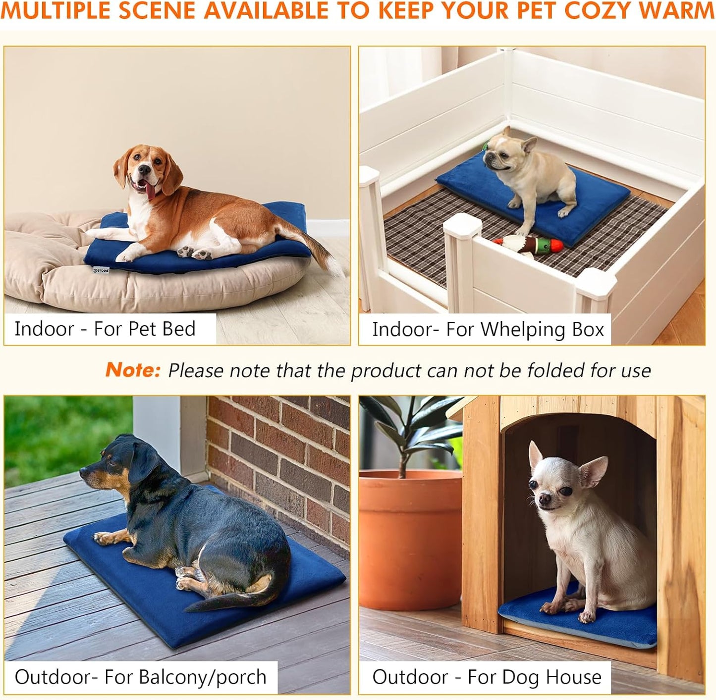 Pecute Cat Heating Pad Outdoor Indoor, IPX7 Waterproof Dog Heating Pad with Self-Inflating for Extra Thickness, Chew-Resistant Stainless Steel Cord, Electric Heated Cat Bed for Outside Feral House