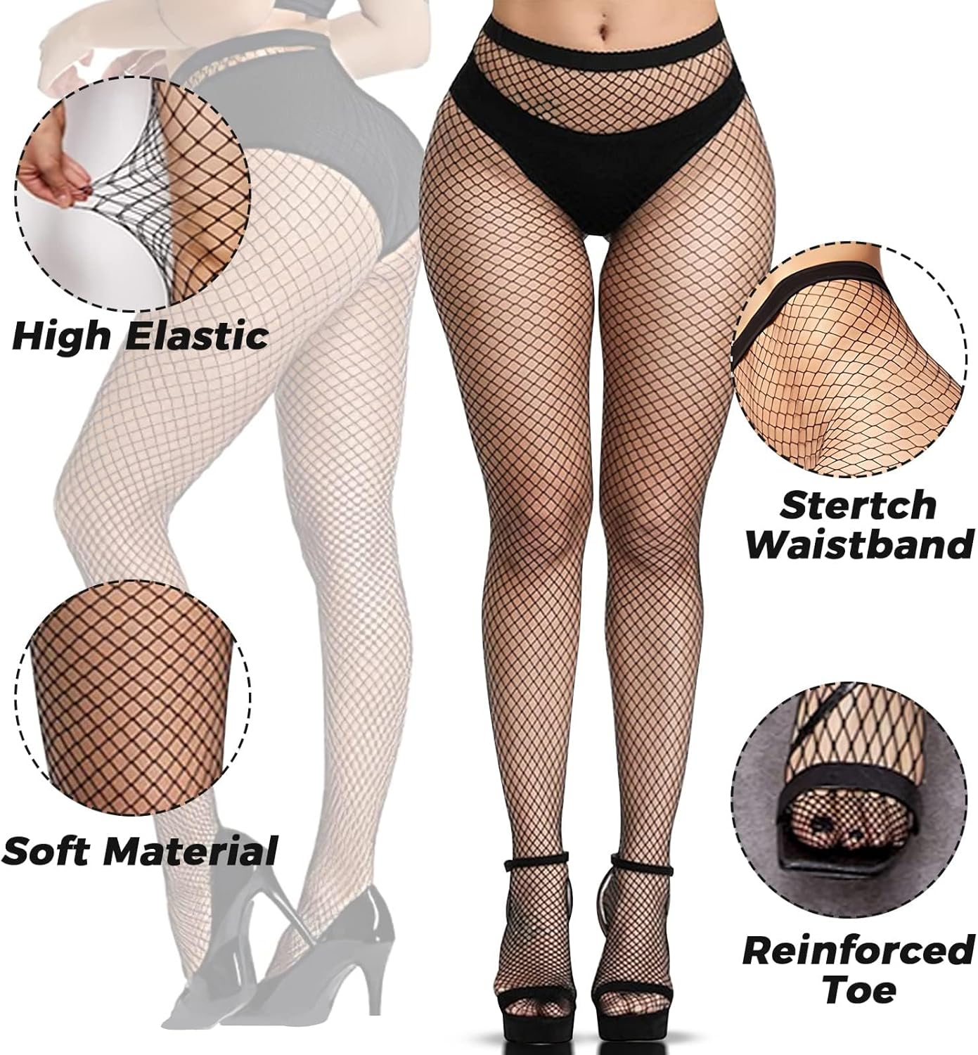 Buauty Black Fishnet Stockings for Women, Fishnet Tights Plus Size One Size Fit All