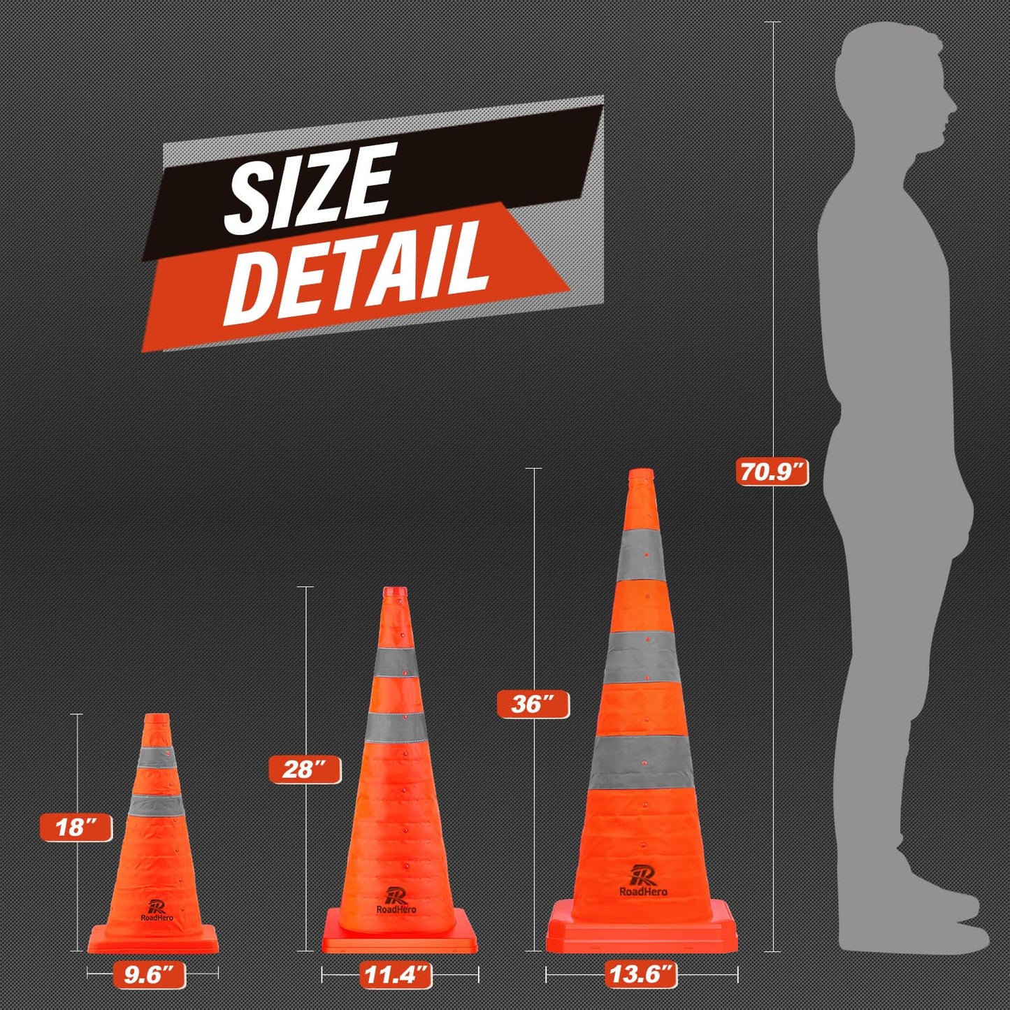 RoadHero 28 Inch 4 Pack Collapsible Traffic Safety Cones, Multi Purpose Pop-up Cones with Reflective Collar for Road Safety, Orange Cones for Driving Training, Parking Lots